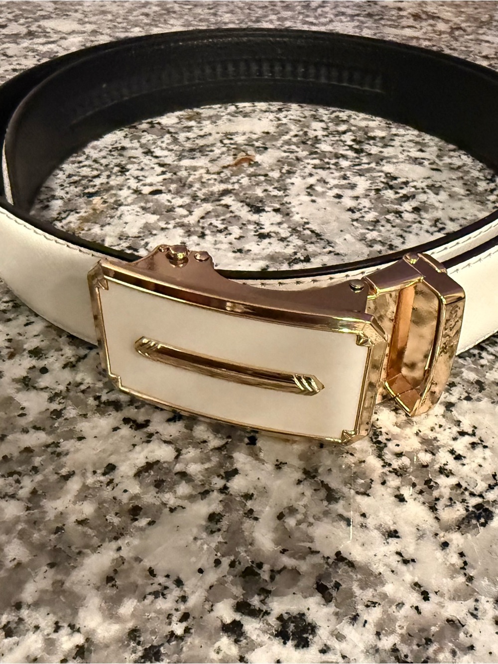White Leather Belt with Gold Accent Buckle